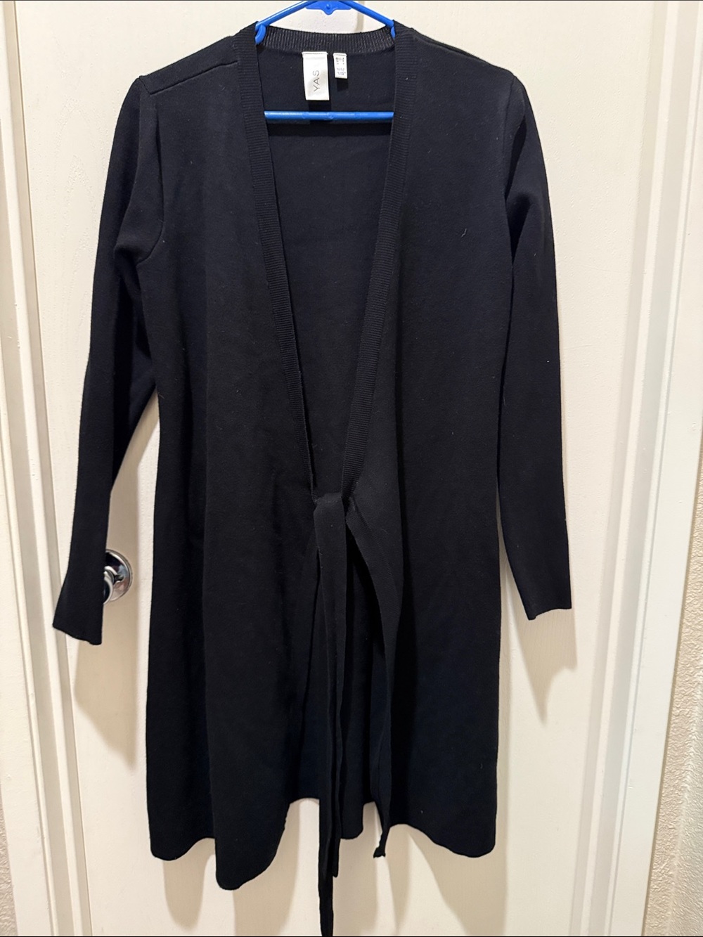 Long Black Open-Front Tie-Waist Cardigan Sweater